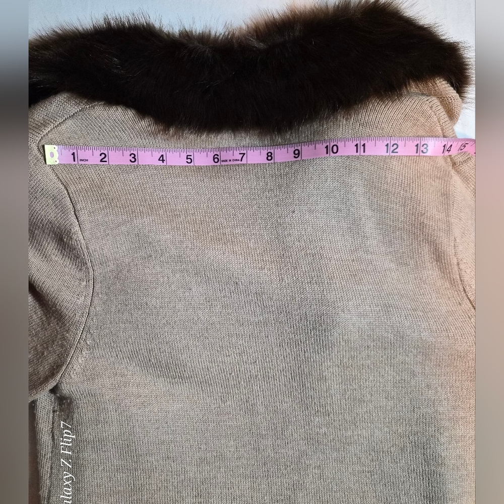 ​Talbots Petites 100% Merino Wool Cardigan with Faux Fur Collar LP Tan Belted - Picture 7 of 11